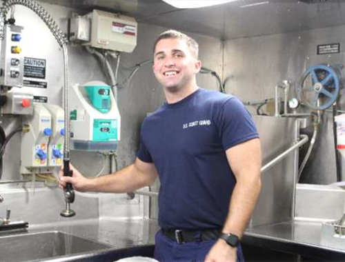 A DEPENDABLE crewmember works in the scullery. A DEPENDABLE crewmember works in the scullery.